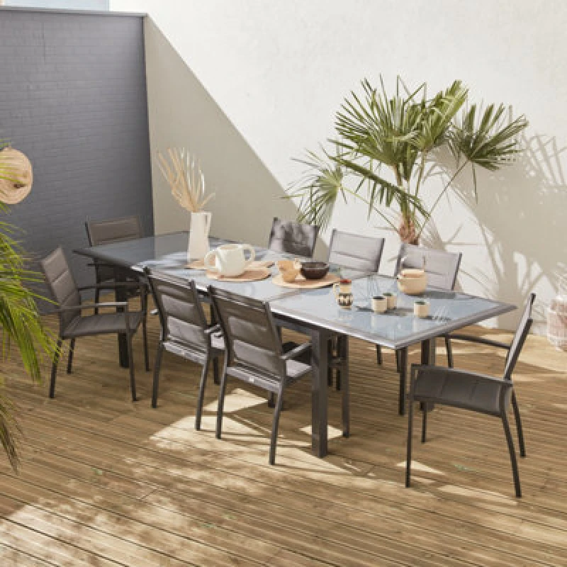 Image of sweeek 8-seater Extendable Aluminium Garden Table Set With Chairs Dark Grey