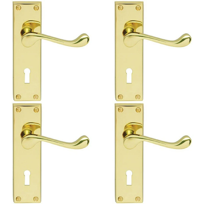 Image of Loops 4x Victorian Scroll Lever on Rectangular Lock Backplate 155 x 41mm Brass Metallics