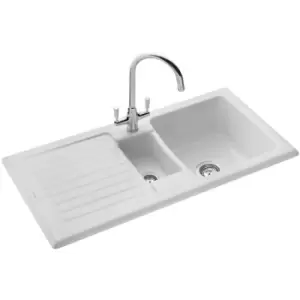 image of Rangemaster - Rustic Kitchen Sink 1.5 Bowl White Ceramic Inset Reversible Waste