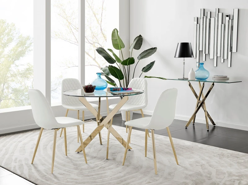 Image of FurnitureboxUK FurnitureboxUK Novara 100cm Round Tempered Glass Dining Table with Gold Legs & 4 Corona Faux Leather Chairs in White White One Size Uni