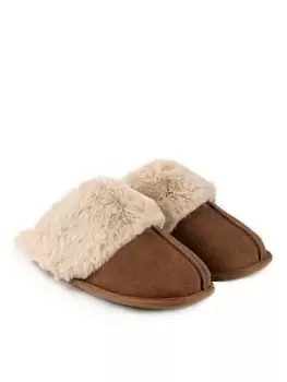Image of TOTES Isotoner Ladies Mule Slipper With Fur Cuff - Light Brown, Light Brown, Size 5, Women
