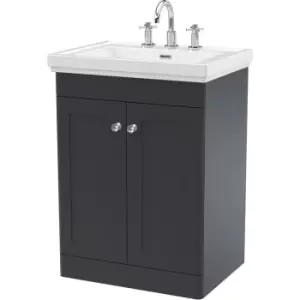 image of Nuie Classique Floor Standing 2-Door Vanity Unit with Basin 600mm Wide Satin Anthracite - 3 Tap Hole