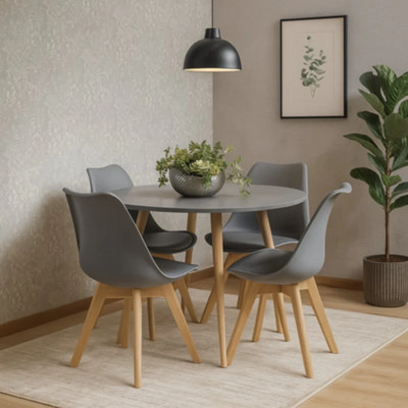 Image of KOSY KOALA Kosy Koala - Dining Table and 4 Chairs Grey Round Wood Table 4 Grey Plastic Leather Chairs Dining Room Furniture Round grey tulip + 4 grey