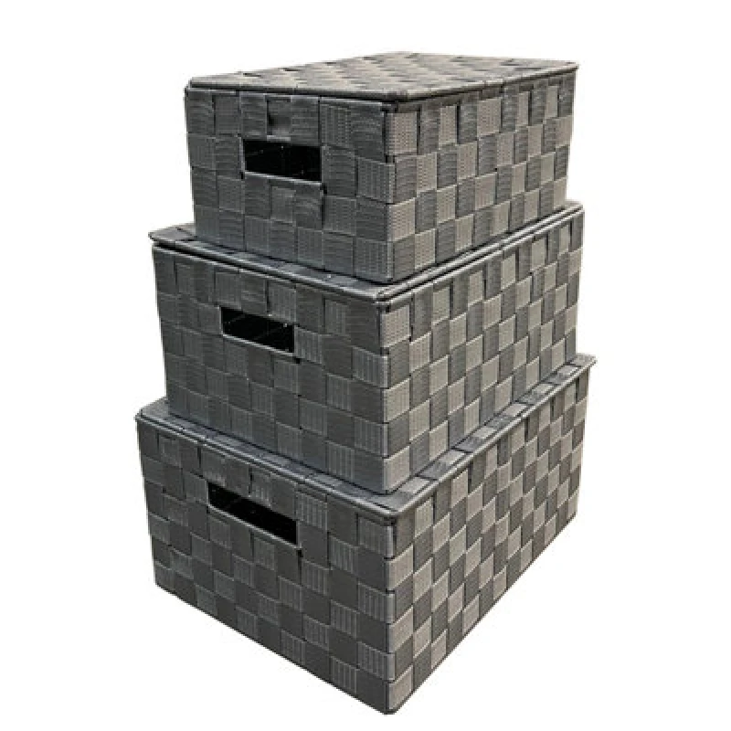 Image of Arpan Set Of 3 Grey Nylon Hand Woven Storage Baskets Boxes