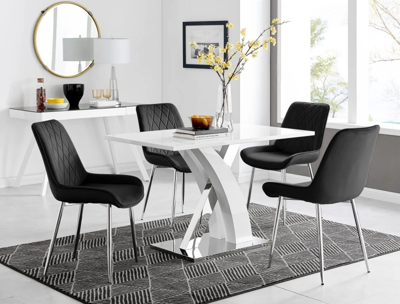 Image of FurnitureboxUK FurnitureboxUK Atlanta White High Gloss and Chrome 4 Seater Dining Table with X Shaped Legs and 4 Soft Velvet Pesaro Chairs in Black Bl