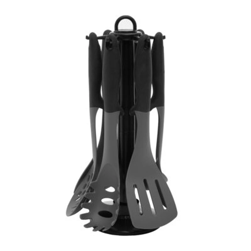 Image of Orsina 6 Piece Silicone Kitchen Tool Set With Stand, Modern Silicone Utensil Set, Black And Grey Cooking Tool Set