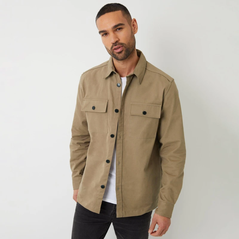 Image of Threadbare Church Cotton Twill Button Up Shacket - Beige Beige XL