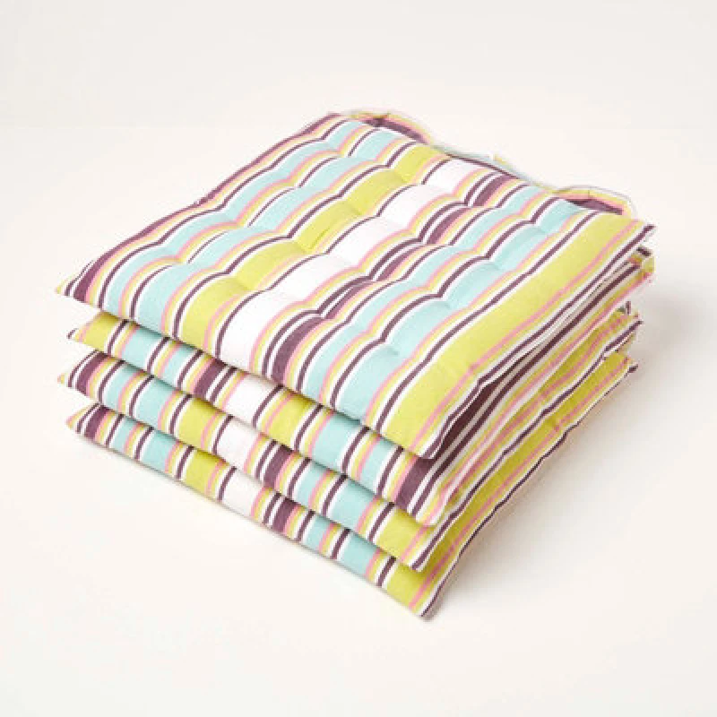 Image of Homescapes Oska Green Stripe Seat Pad with Button Straps 40 x 40cm Set of 4 Green