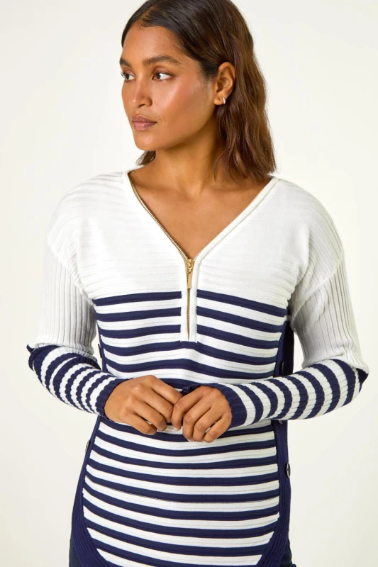 Image of Roman Stripe Zip Front Ribbed Knit Jumper Ivory