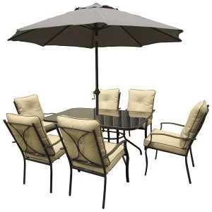 Image of Milan 6-Seater Rectangular Dining Set with 2.8m Parasol and Cushions