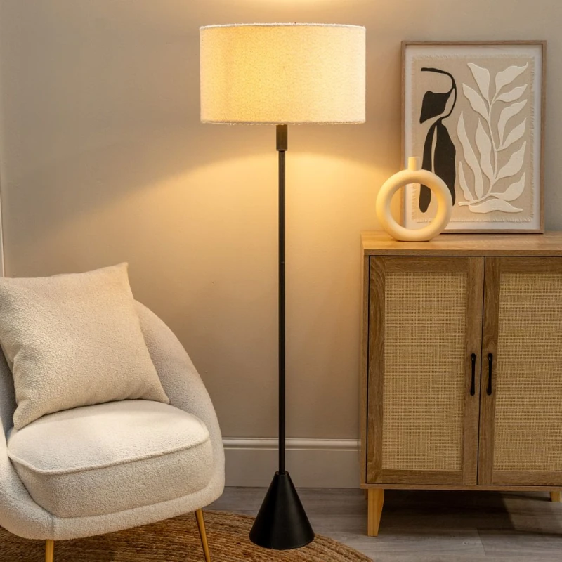 Image of ValueLights ValueLights Mitch Cream Boucle Drum Lamp Shade Black Wood Stem Triangle Floor Lamp with LED Bulb Cream One Size Unisex 5059406066610