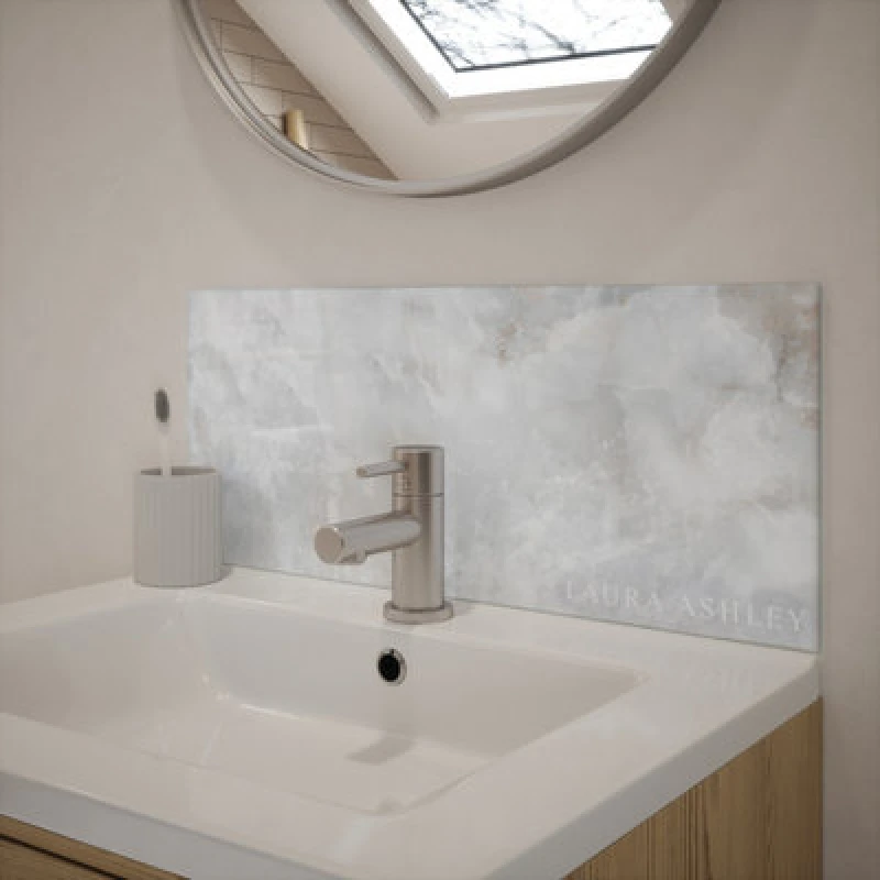 Image of Laura Ashley Glass Self-Adhesive Bathroom Splashback (H)25Cm (W)60Cm - Gloss Dove Grey Onyx Marble Effect