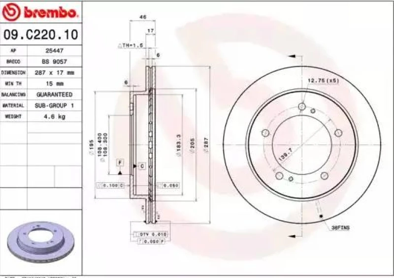 Image of BREMBO 09.C220.10 Brake disc PRIME LINE internally vented Brake Disc (82)