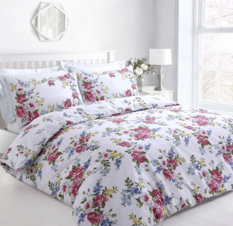 Image of Velosso Romantic Floral Print Duvet Cover & Pillowcase Set, Button Enclosure, Easy Care Machine Washable - Multicolour