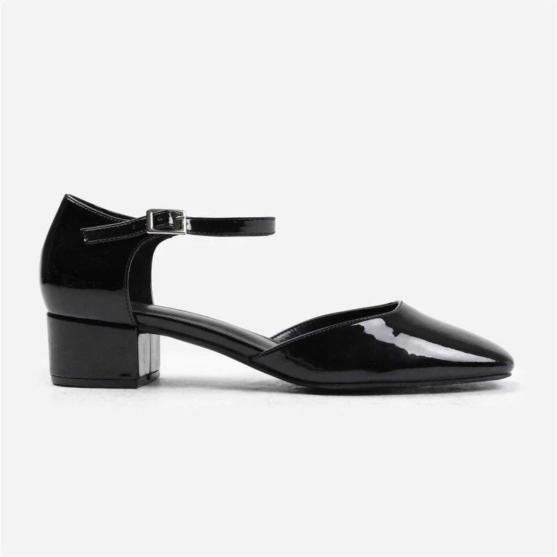 Image of Wheres That From Singapore Square Toe Low Block Heel With Strap In Black Patent female 4