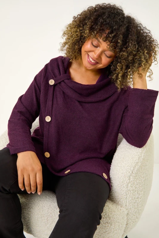 Image of Roman Womens Curve Cowl Neck Button Wrap Top in Purple Size: 22-24 Purple Female 22-24