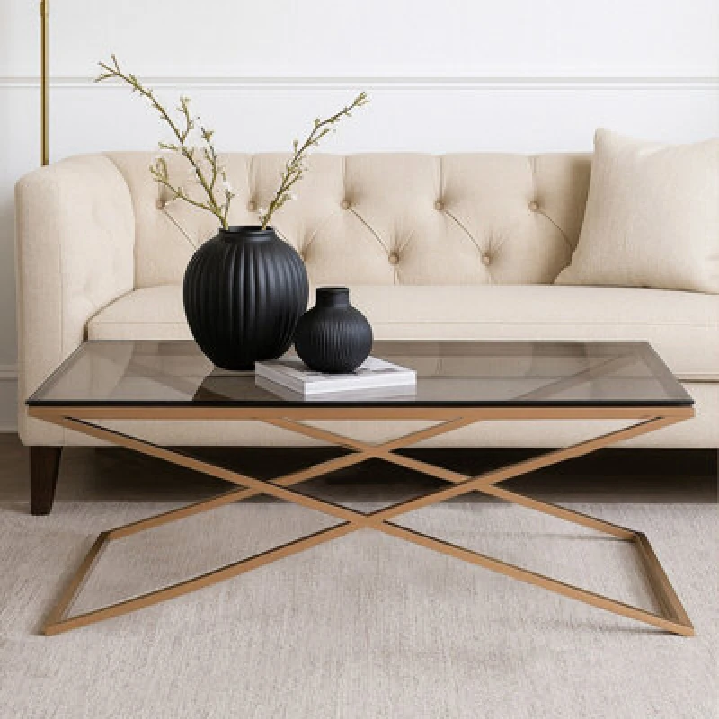 Image of Premier Housewares Glass Coffee Table with Metal Criss Cross Design, Glass Top Coffee Table, Coffee Table For Living Room Black