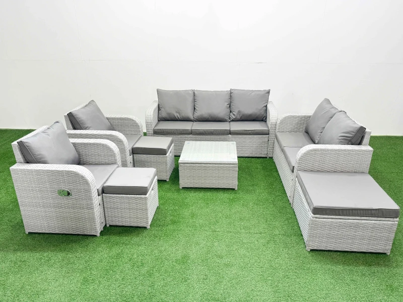 Image of Fimous PE Rattan Garden Furniture Set Adjustable Chair Sofa Double Love Seat 2 Seater Sofa Lounge Set Square Coffee Table 3 Stools Light Grey Light Gr