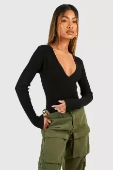 Image of Mixed Rib V Neck Knitted Bodysuit