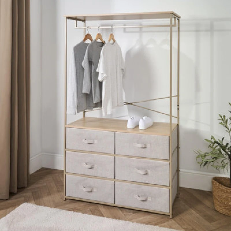 Image of OHS OHS 6 Drawer Cabinet Rail Wardrobe Coat Hanger Storage Clothes Organiser in Natural Natural One Size Unisex 5027434217472