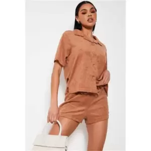 Image of I Saw It First Camel Two Piece Short Sleeve Button Through Shirt And High Waisted Shorts Set - Brown