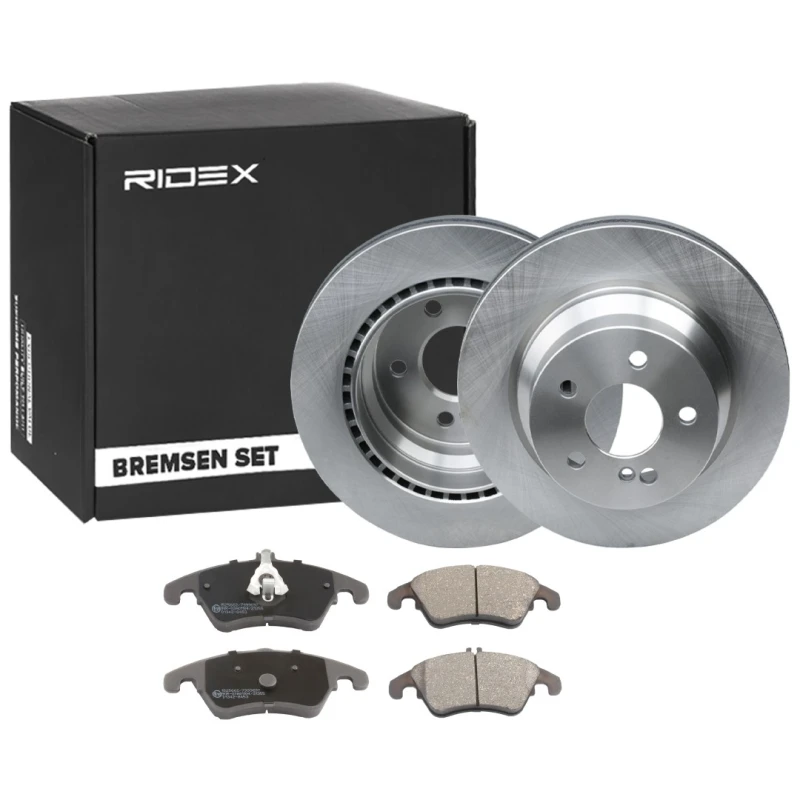 Image of RIDEX 3405B1331 Brake disc and pads set Front Axle, Brake Disc Type: internally vented, prepared for wear warning indicator Brake Set,disc brakes (34