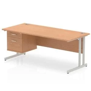 Image of Impulse 1800 Rectangle Silver Cant Leg Desk OAK 1 x 2 Drawer Fixed Ped
