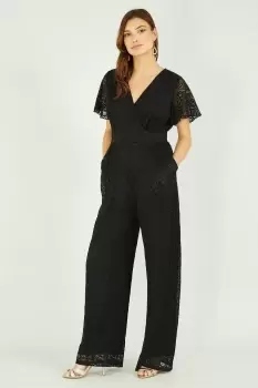 image of Black Angel Sleeve Lace Jumpsuit With Pockets