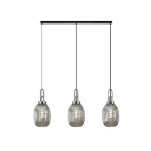 image of Yorktown Linear 3 Light Ceiling Pendant E27 With 20cm Almond Ribbed Glass, Smoked Polished Nickel, Matt Black