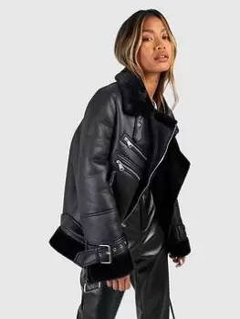 Image of Boohoo Faux Fur Trim Aviator Jacket - Black Size 8, Women