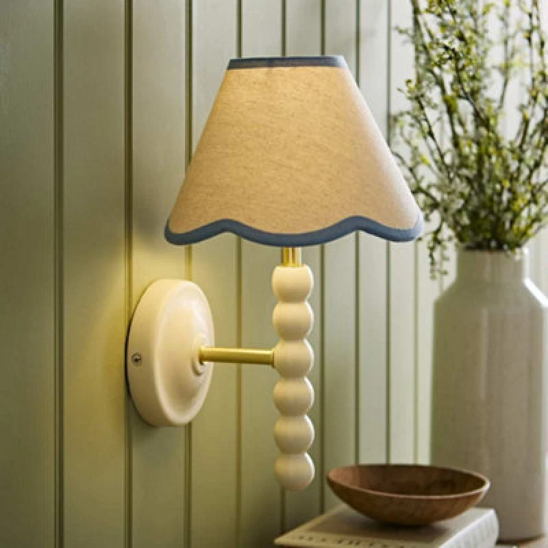 Image of Valuelights Bobbin Cream Bobble Wall Light And Blue Trim Linen Lamp Shade And Bulb