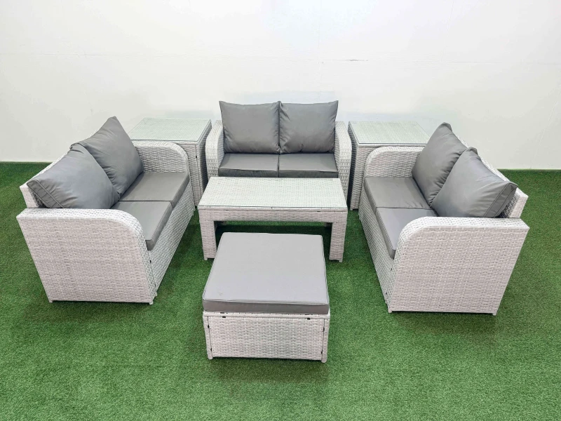 Image of Fimous 7 Seater PE Wicker Rattan Furniture Sofa Sets with Oblong Coffee Table 2 Seater Love Sofa Big Footstool 2 Side Table Light Grey Light Grey