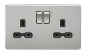 Image of KnightsBridge 13A 2G DP Screwless Brushed Chrome 230V UK 3 Pin Switched Electric Wall Socket - Black Insert