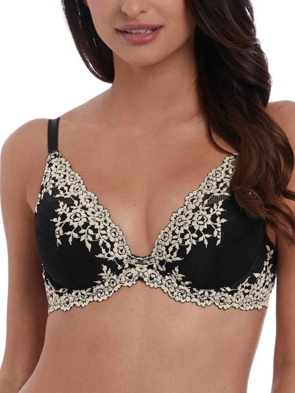 Image of Wacoal Womens Embrace Lace Plunge Underwire Bra in Black Size: 32D Black Female 32D