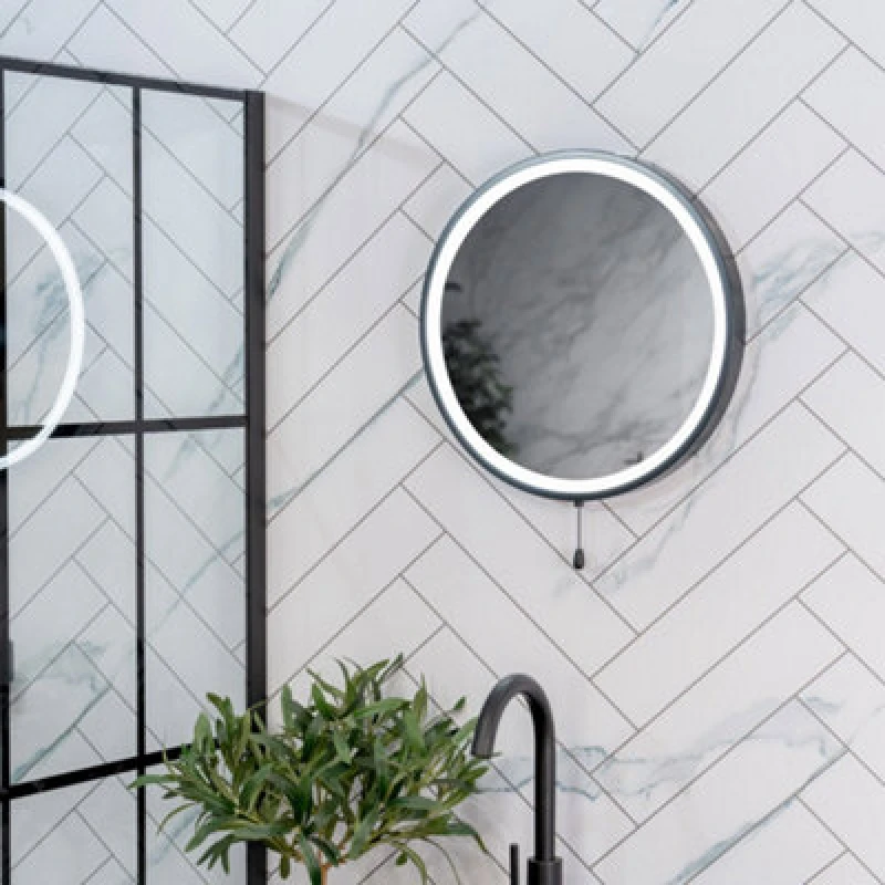 Image of ValueLights Mirror Matte Black IP44 Rated Round Bathroom Battery Operated 41cm Mirror Light Black