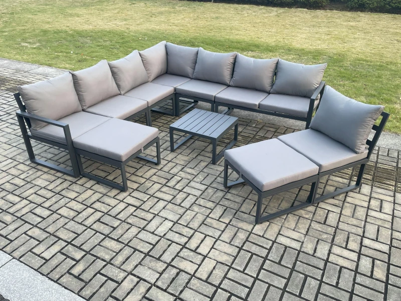 Image of Fimous 10 Seater Patio Outdoor Garden Furniture Aluminium Lounge Corner Sofa Set with Square Coffee Table 2 Big Footstools Dark Grey Dark Grey Unisex