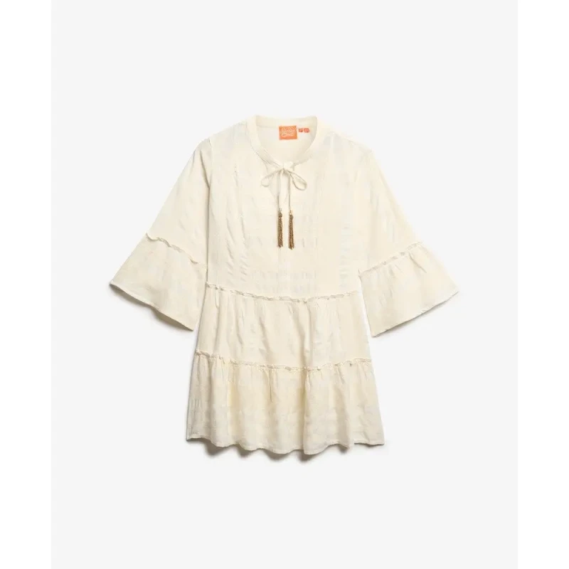 Image of Superdry Short dress with long sleeves and frills Ibiza woman Superdry Blanc Female XS