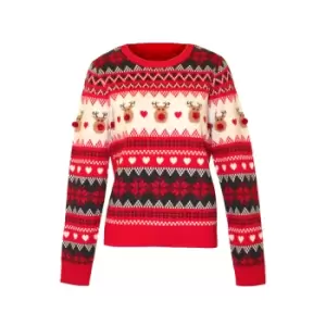 image of Brave Soul Womens/Ladies Christmas Pom Pom Jumper (XS) (Red)