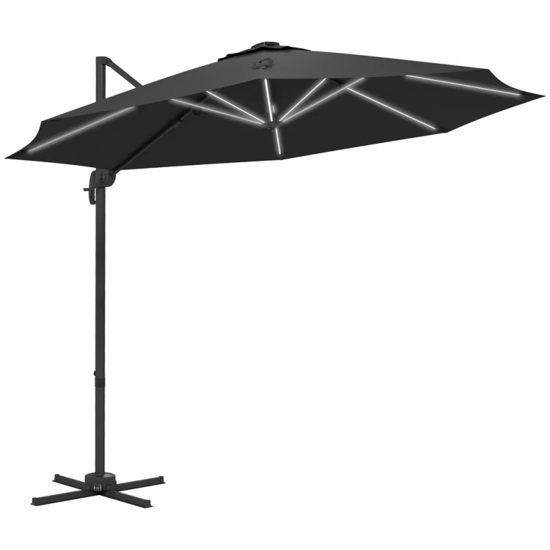 Image of Outsunny 3(m) Solar LED Cantilever Parasol Adjustable Garden Umbrella Dark Grey - Dark Grey - Outsunny 84D-110V03CG