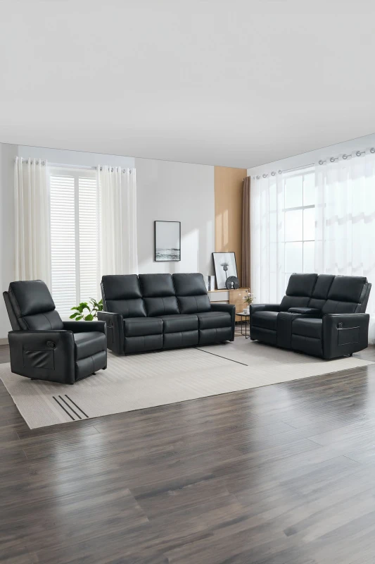 Image of More4Homes Madrid 1+2+3 Seater W Console Manual Air Leather Recliner Sofa Set Black