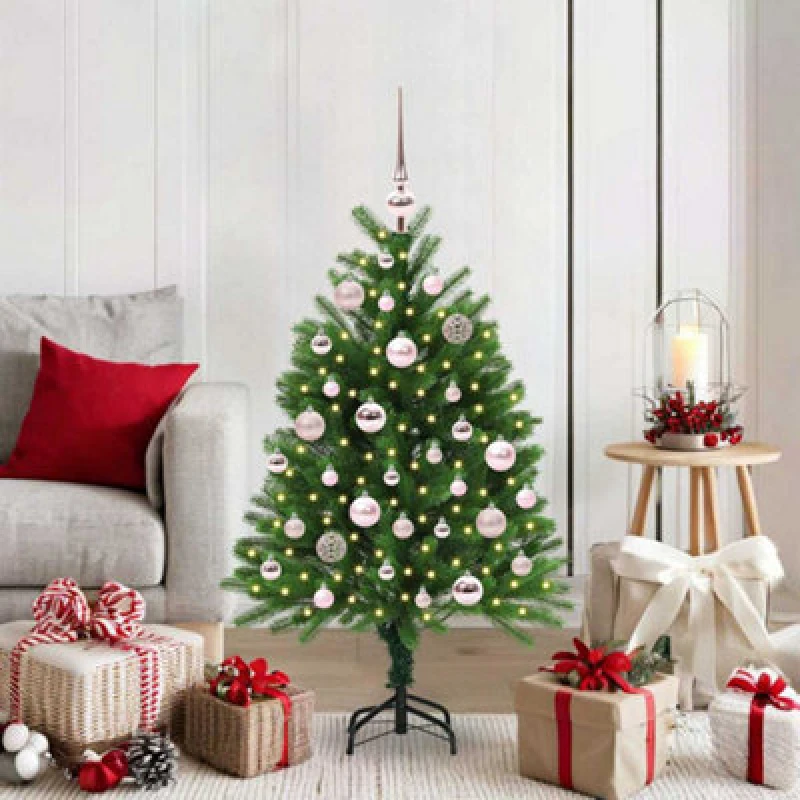 Image of vidaXL Christmas Tree with 150 LEDs, Pink Balls with Stand Green 120cm PE, Green 3396311