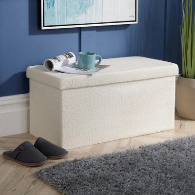 Image of Home Source Cream Teddy Fur Boucle Folding Storage Ottoman