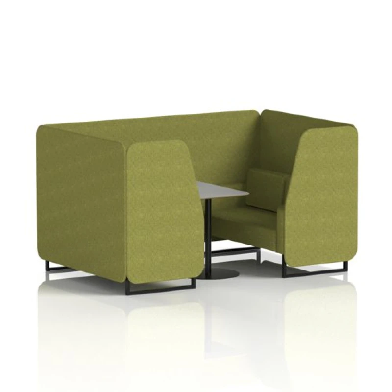 Image of Brixworth 4 Seater Office Booth with Front Panel - Black Legs and Grey Table with Black Leg in Rivet Fabric - Olive Panels and Sofa