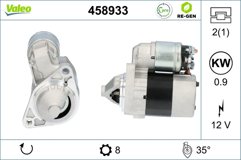 Image of VALEO 458933 Starter motor VALEO RE-GEN REMANUFACTURED 0,9kW, 12V, Number of Teeth: 8 Starter (2)