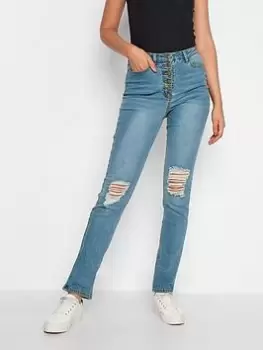 image of Long Tall Sally Button Fly Distressed Slim Jean - Blue Size 14, Women