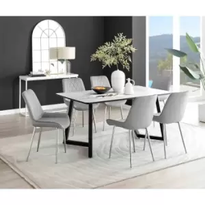 Image of Furniture Box Carson White Marble Effect Dining Table and 6 Grey Pesaro Silver Chairs