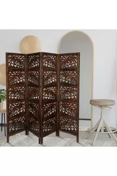 image of 4 Panel Carved Wooden Room Divider Screen Elephant Design 183 203 cm