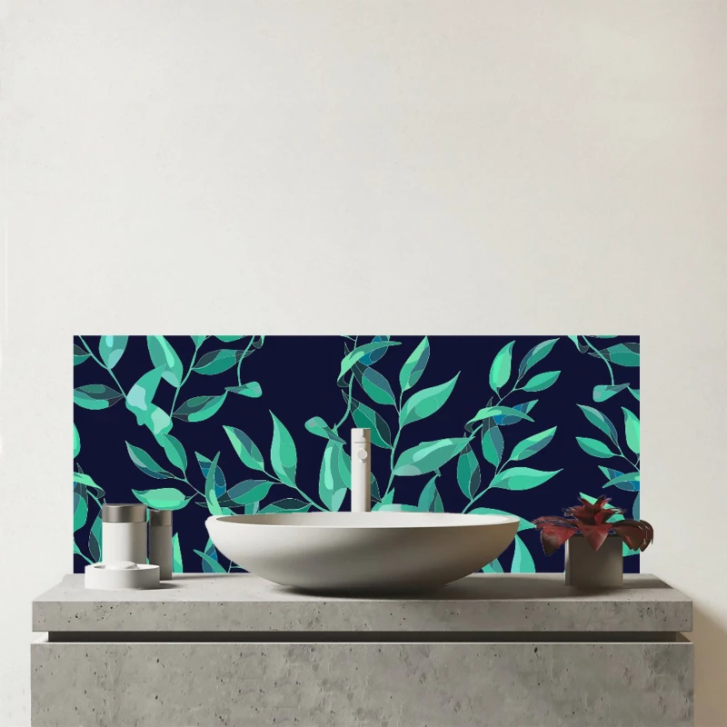 Image of Warren Reed - Designer Delicate Green Foliage Glass Bathroom Splashback in Blue Blue Unisex