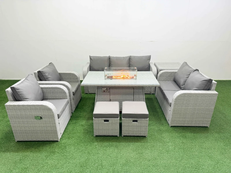 Image of Fimous PE Rattan Garden Furniture Set Reclining Chair Sofa Double Love Seat 2 Seater Sofa Lounge Set Firepit Dining Table 2 Stools Side Table Light Gr