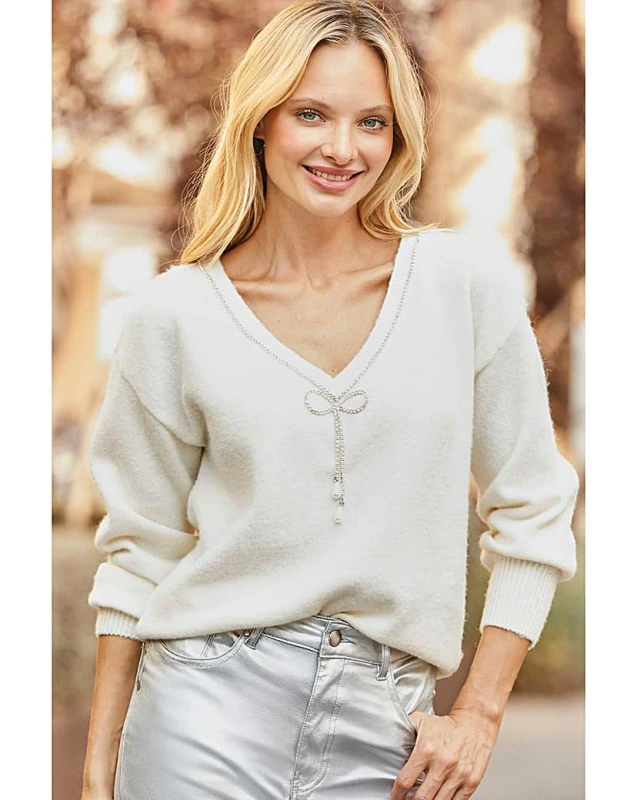 Image of Sosandar Sosandar Embellished Bow Back Jumper Cream - Sosandar - Size: XL Cream Female XL RF36304